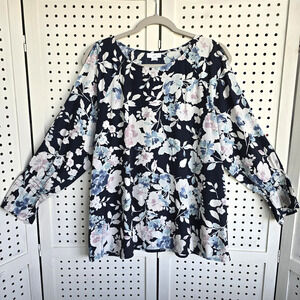 J Jill Navy Blue Floral Cold Shoulder Long Sleeve Tunic Top Womens SIZE L